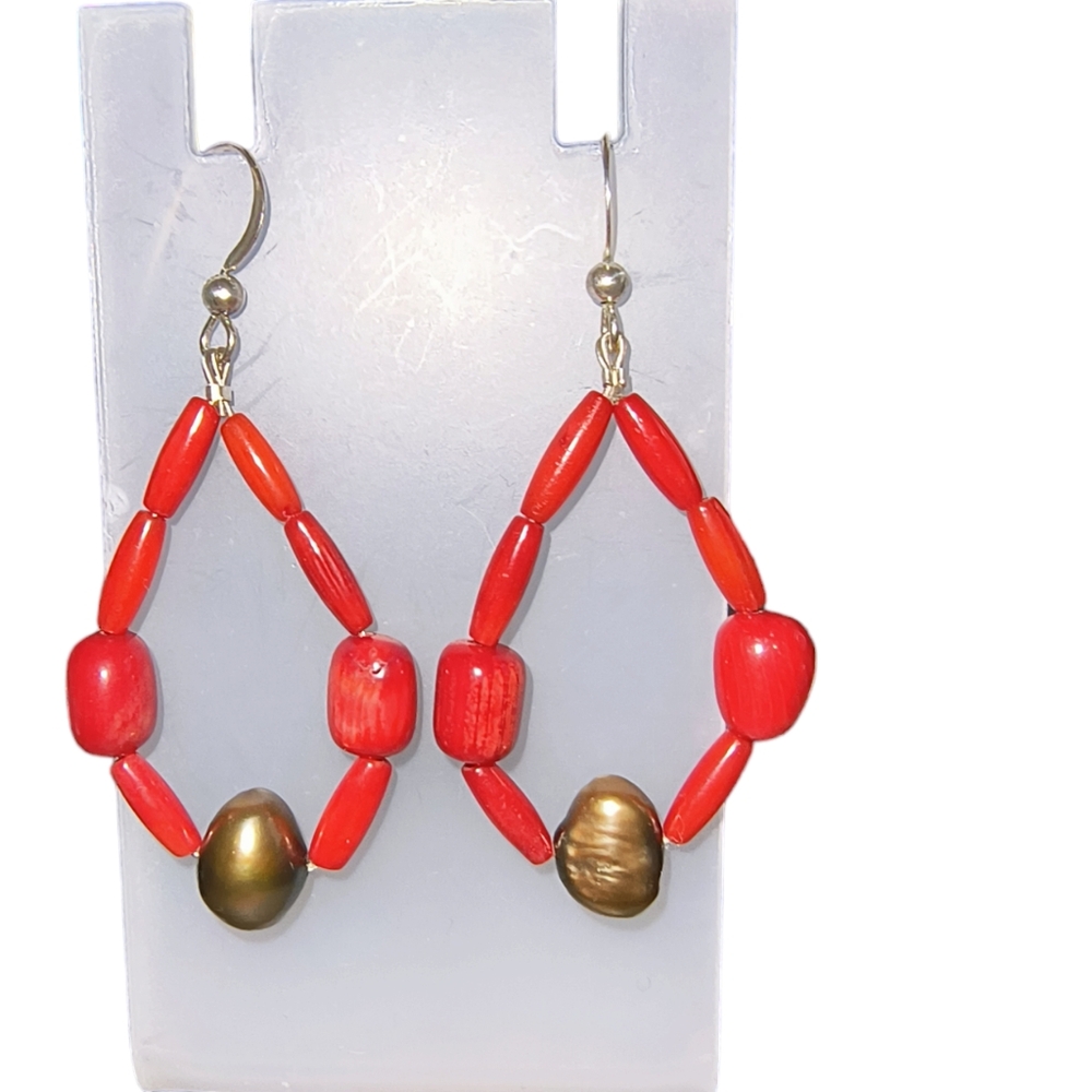 Jay King DTR Red Coral & Freshwater Pearl Drop Earrings Brand New